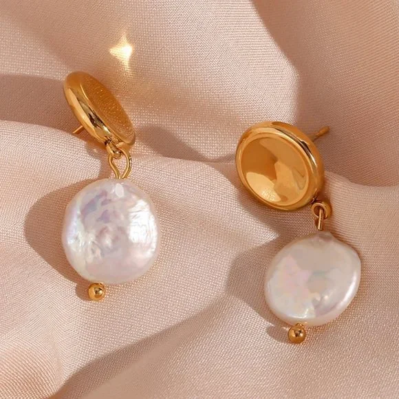 18K Gold Plated Round Stud Fresh Water Pearl Drop Earrings Stainless Steel - Picture 4 of 8